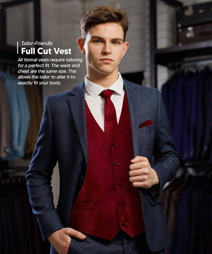 Vittorio Farina Men's Woven Paisley Vest, Necktie, Bow Tie and Pocket Square Set (Black Back) - Suits You Sir - Burgundy - XS