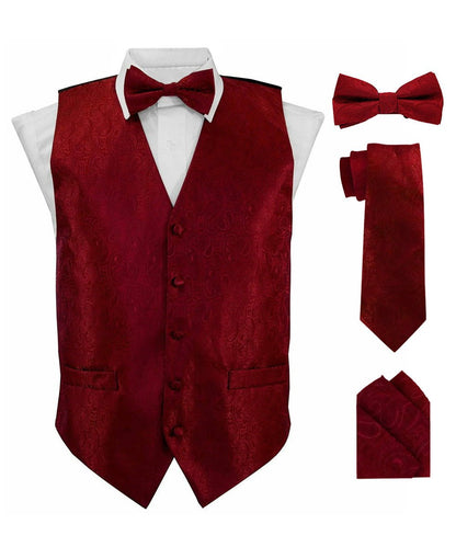 Vittorio Farina Men's Woven Paisley Vest, Necktie, Bow Tie and Pocket Square Set (Black Back) - Suits You Sir - Burgundy - XS