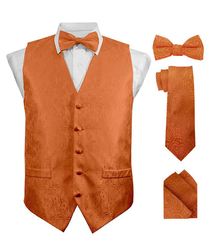 Vittorio Farina Men's Woven Paisley Vest, Necktie, Bow Tie and Pocket Square Set (Black Back) - Suits You Sir - Burnt Orange - XS