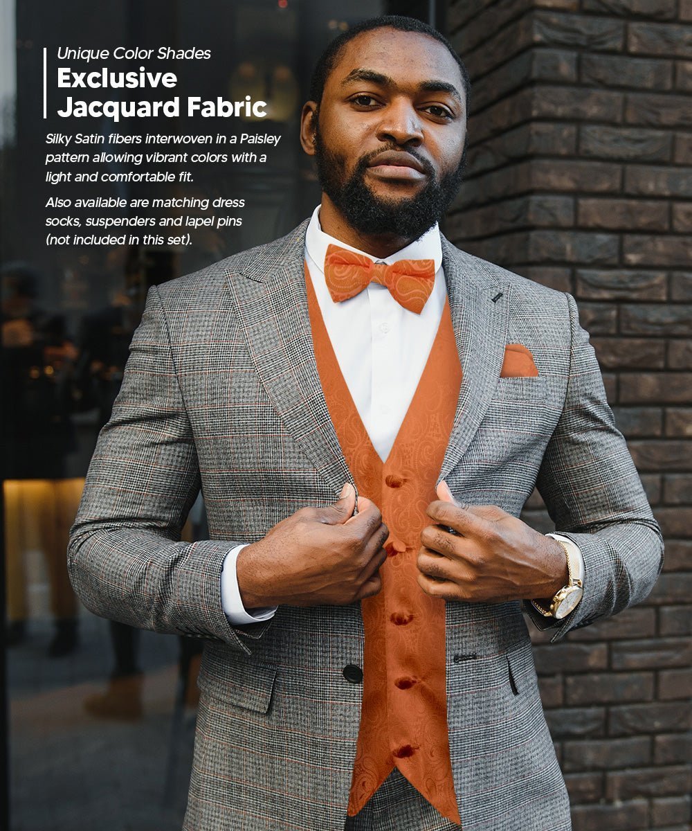 Vittorio Farina Men's Woven Paisley Vest, Necktie, Bow Tie and Pocket Square Set (Black Back) - Suits You Sir - Burnt Orange - XS