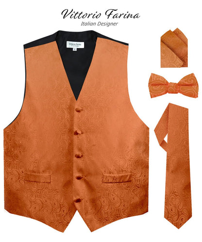 Vittorio Farina Men's Woven Paisley Vest, Necktie, Bow Tie and Pocket Square Set (Black Back) - Suits You Sir - Burnt Orange - XS