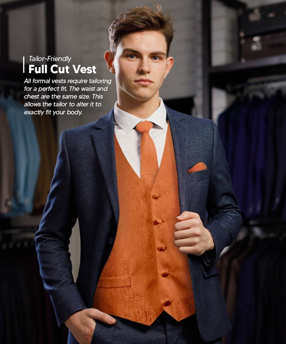 Vittorio Farina Men's Woven Paisley Vest, Necktie, Bow Tie and Pocket Square Set (Black Back) - Suits You Sir - Burnt Orange - XS