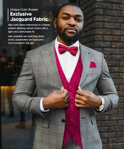 Vittorio Farina Men's Woven Paisley Vest, Necktie, Bow Tie and Pocket Square Set (Black Back) - Suits You Sir - Hot Pink - XS