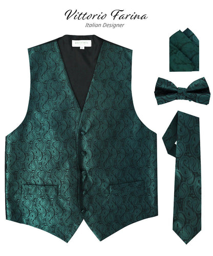 Vittorio Farina Men's Woven Paisley Vest, Necktie, Bow Tie and Pocket Square Set (Black Back) - Suits You Sir - Hunter Green - XS