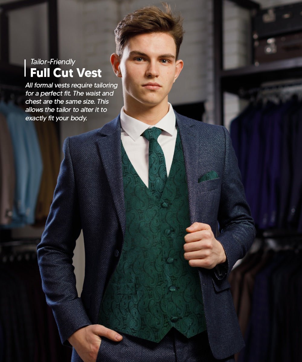 Vittorio Farina Men's Woven Paisley Vest, Necktie, Bow Tie and Pocket Square Set (Black Back) - Suits You Sir - Hunter Green - XS