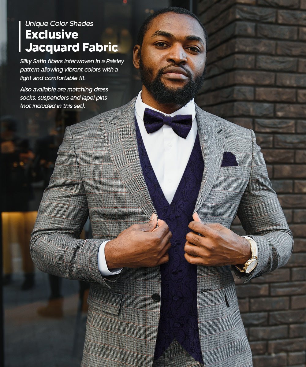 Vittorio Farina Men's Woven Paisley Vest, Necktie, Bow Tie and Pocket Square Set (Black Back) - Suits You Sir - Navy Blue - XS