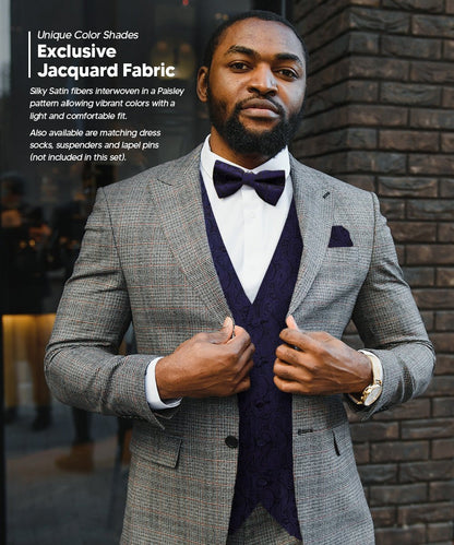 Vittorio Farina Men's Woven Paisley Vest, Necktie, Bow Tie and Pocket Square Set (Black Back) - Suits You Sir - Navy Blue - XS