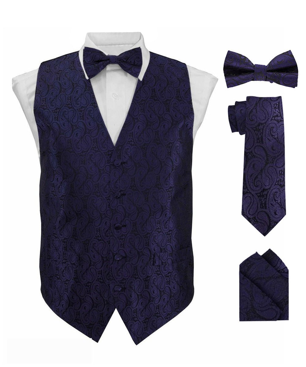 Vittorio Farina Men's Woven Paisley Vest, Necktie, Bow Tie and Pocket Square Set (Black Back) - Suits You Sir - Navy Blue - XS