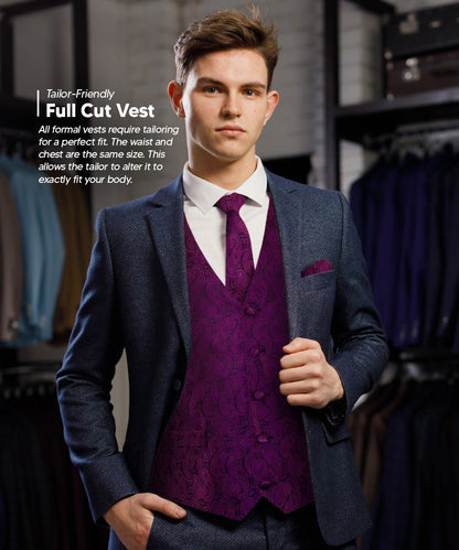Vittorio Farina Men's Woven Paisley Vest, Necktie, Bow Tie and Pocket Square Set (Black Back) - Suits You Sir - Plum - XS