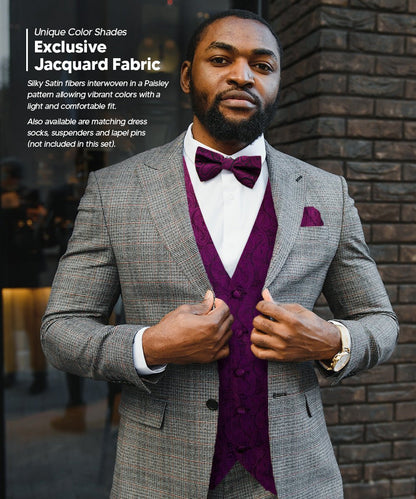 Vittorio Farina Men's Woven Paisley Vest, Necktie, Bow Tie and Pocket Square Set (Black Back) - Suits You Sir - Plum - XS