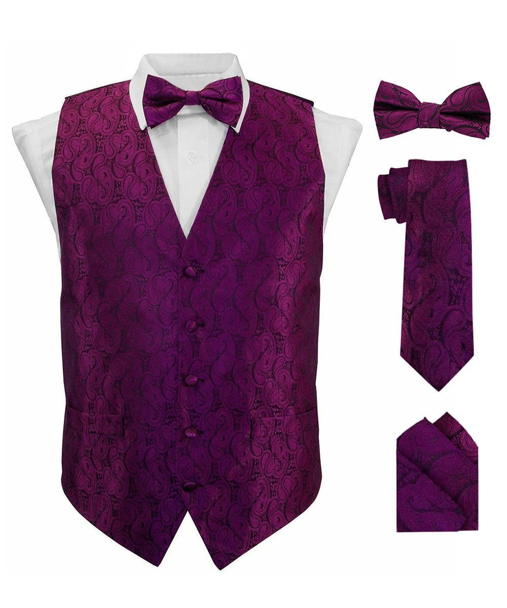 Vittorio Farina Men's Woven Paisley Vest, Necktie, Bow Tie and Pocket Square Set (Black Back) - Suits You Sir - Plum - XS