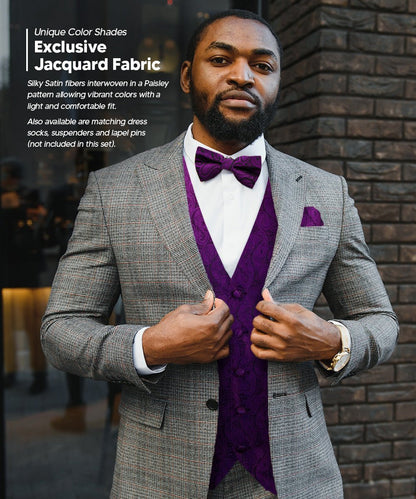 Vittorio Farina Men's Woven Paisley Vest, Necktie, Bow Tie and Pocket Square Set (Black Back) - Suits You Sir - Purple - XS