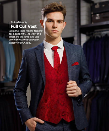 Vittorio Farina Men's Woven Paisley Vest, Necktie, Bow Tie and Pocket Square Set (Black Back) - Suits You Sir - Red - XS