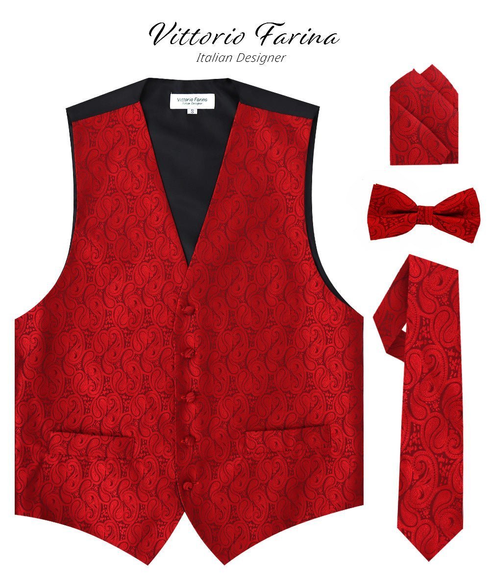 Vittorio Farina Men's Woven Paisley Vest, Necktie, Bow Tie and Pocket Square Set (Black Back) - Suits You Sir - Red - XS