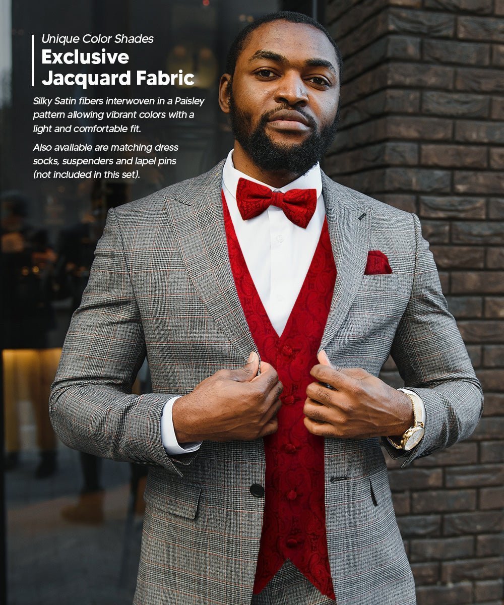 Vittorio Farina Men's Woven Paisley Vest, Necktie, Bow Tie and Pocket Square Set (Black Back) - Suits You Sir - Red - XS