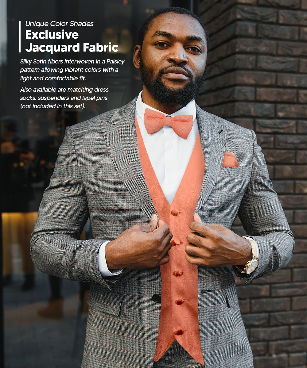 Vittorio Farina Men's Woven Paisley Vest, Necktie, Bow Tie and Pocket Square Set (Black Back) - Suits You Sir - Rose Gold - XS