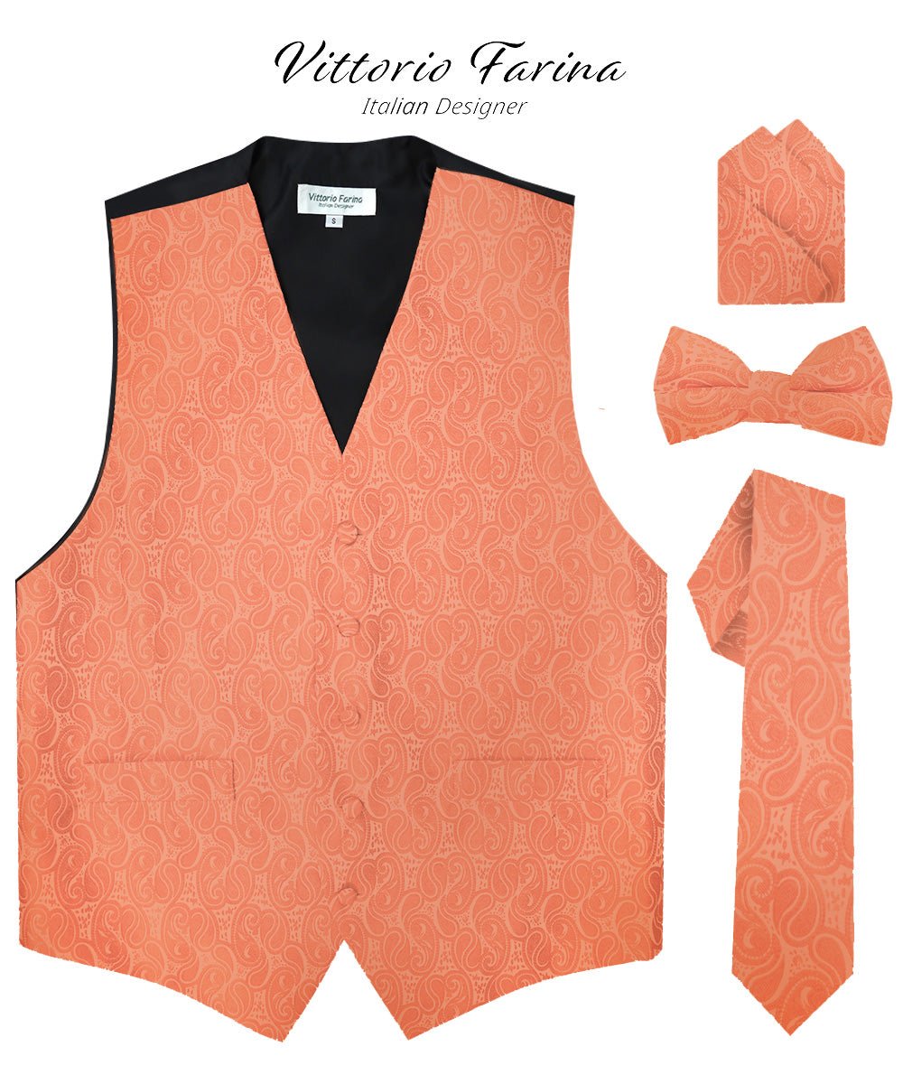 Vittorio Farina Men's Woven Paisley Vest, Necktie, Bow Tie and Pocket Square Set (Black Back) - Suits You Sir - Rose Gold - XS