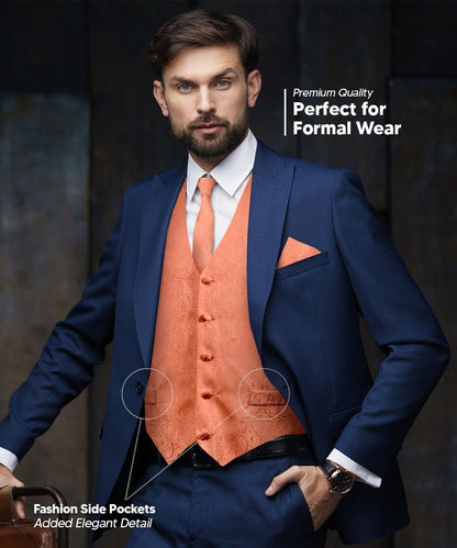 Vittorio Farina Men's Woven Paisley Vest, Necktie, Bow Tie and Pocket Square Set (Black Back) - Suits You Sir - Rose Gold - XS