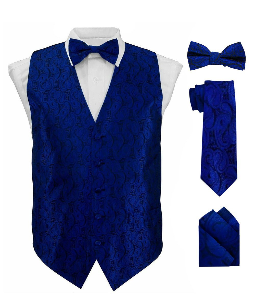 Vittorio Farina Men's Woven Paisley Vest, Necktie, Bow Tie and Pocket Square Set (Black Back) - Suits You Sir - Royal Blue - XS
