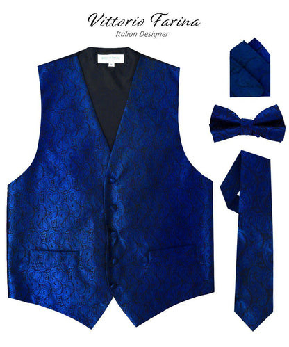Vittorio Farina Men's Woven Paisley Vest, Necktie, Bow Tie and Pocket Square Set (Black Back) - Suits You Sir - Royal Blue - XS