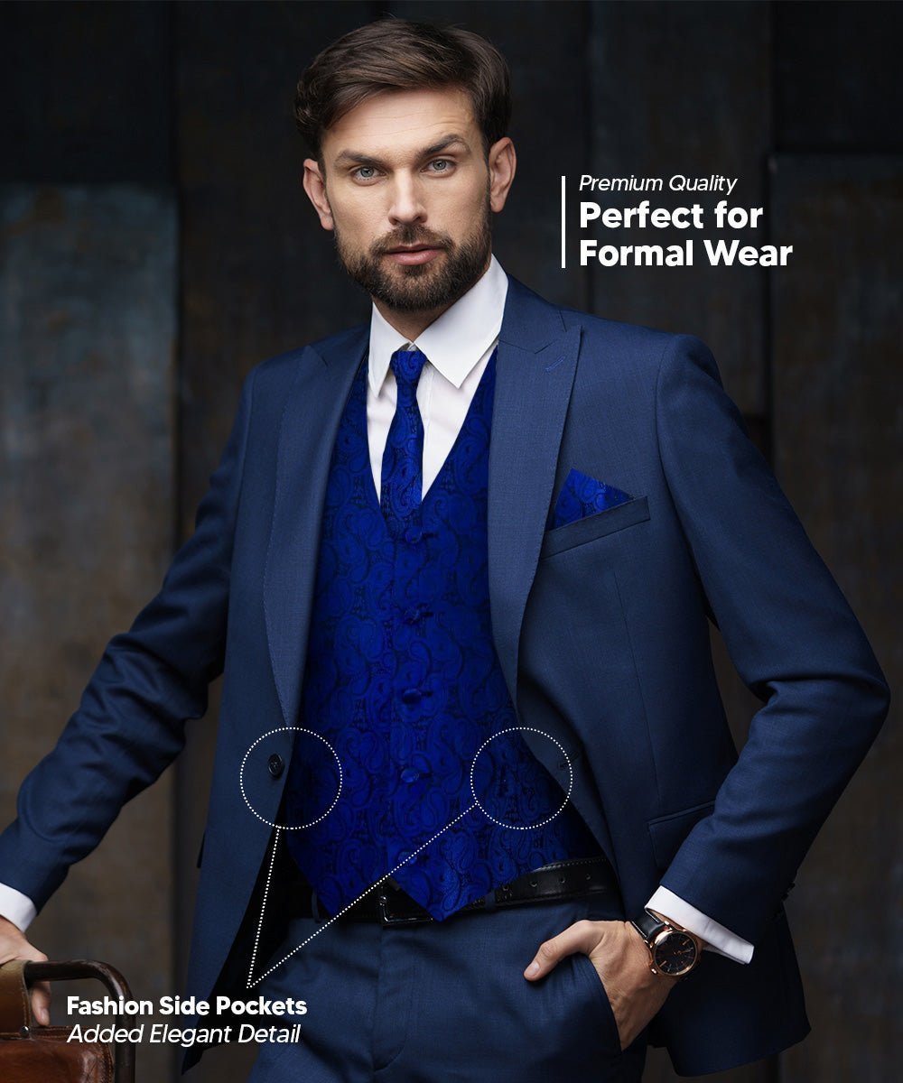 Vittorio Farina Men's Woven Paisley Vest, Necktie, Bow Tie and Pocket Square Set (Black Back) - Suits You Sir - Royal Blue - XS