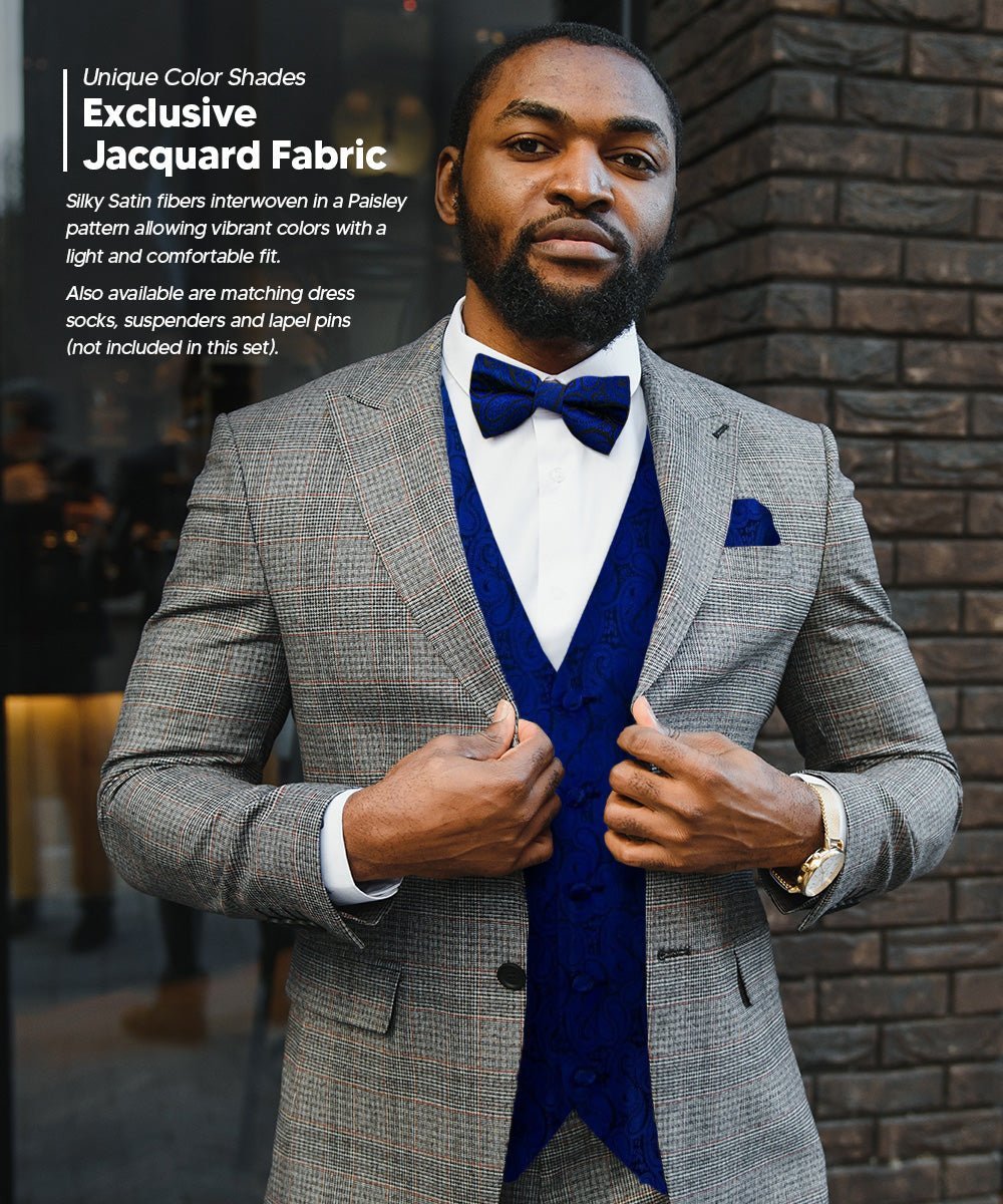 Vittorio Farina Men's Woven Paisley Vest, Necktie, Bow Tie and Pocket Square Set (Black Back) - Suits You Sir - Royal Blue - XS