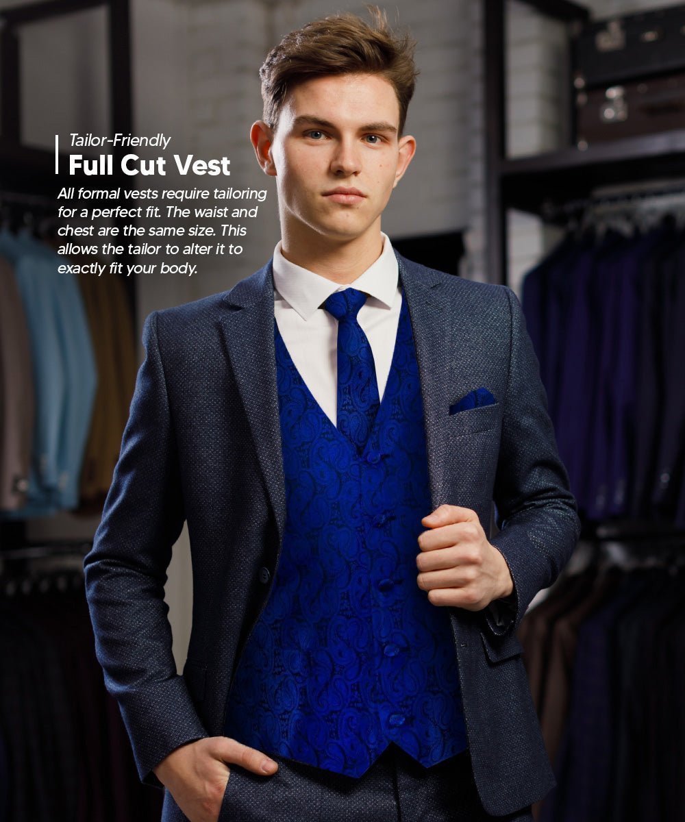 Vittorio Farina Men's Woven Paisley Vest, Necktie, Bow Tie and Pocket Square Set (Black Back) - Suits You Sir - Royal Blue - XS