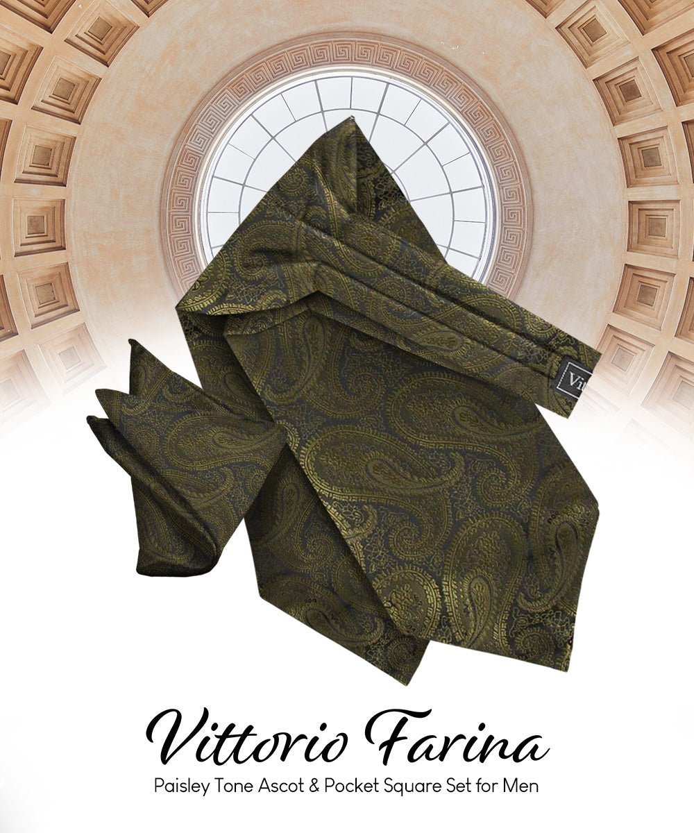 Vittorio Farina Men's Woven Pasiley Ascot & Pocket Square - Suits You Sir - Olive Green - 