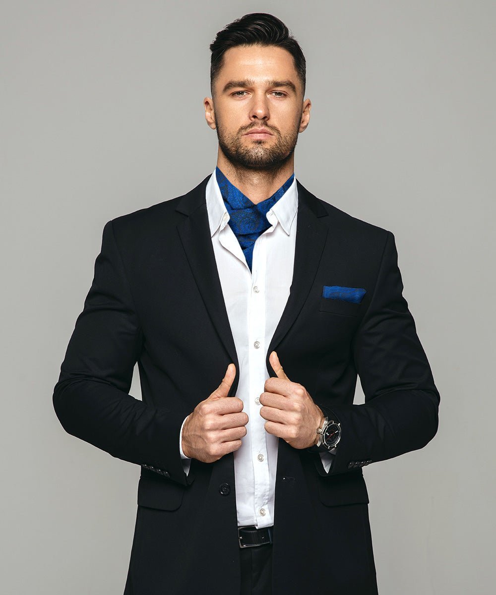 Vittorio Farina Men's Woven Pasiley Ascot & Pocket Square - Suits You Sir - Royal Blue - 