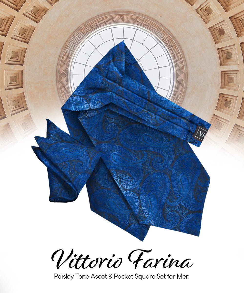 Vittorio Farina Men's Woven Pasiley Ascot & Pocket Square - Suits You Sir - Royal Blue - 