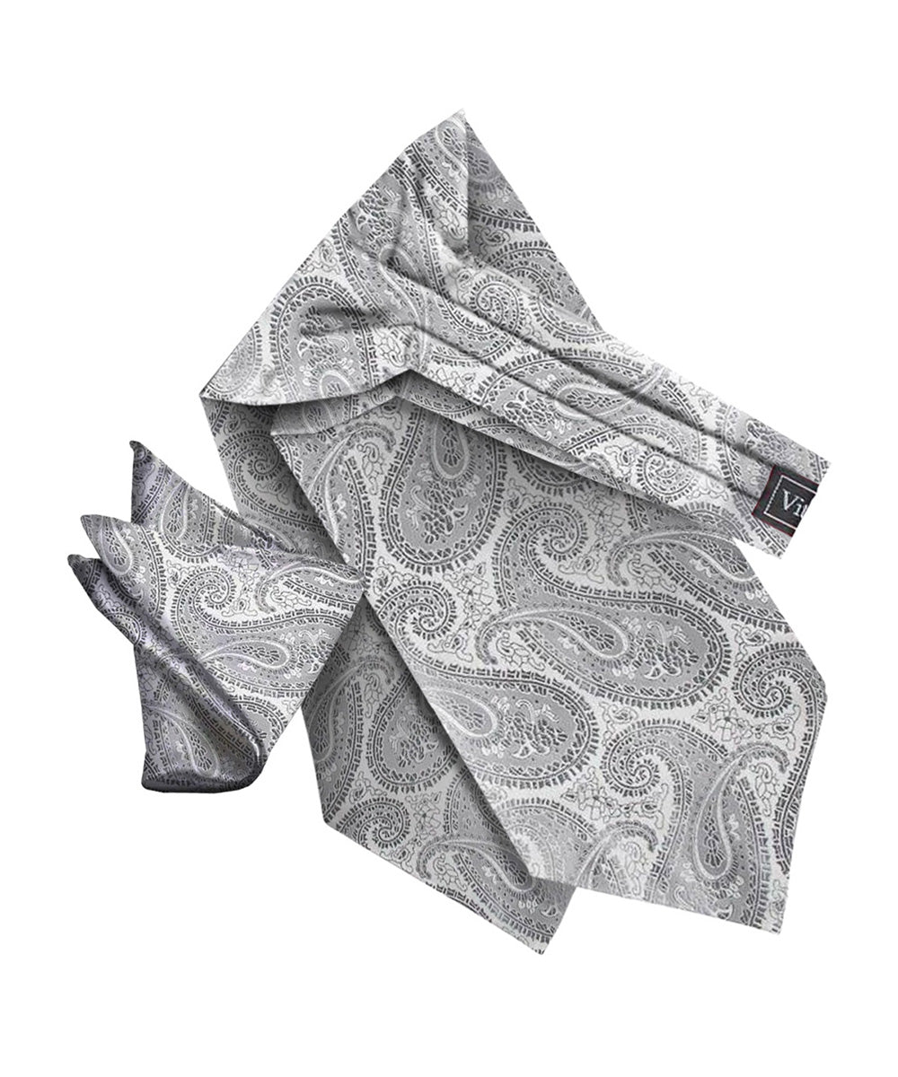 Vittorio Farina Men's Woven Pasiley Ascot & Pocket Square - Suits You Sir - Silver - 