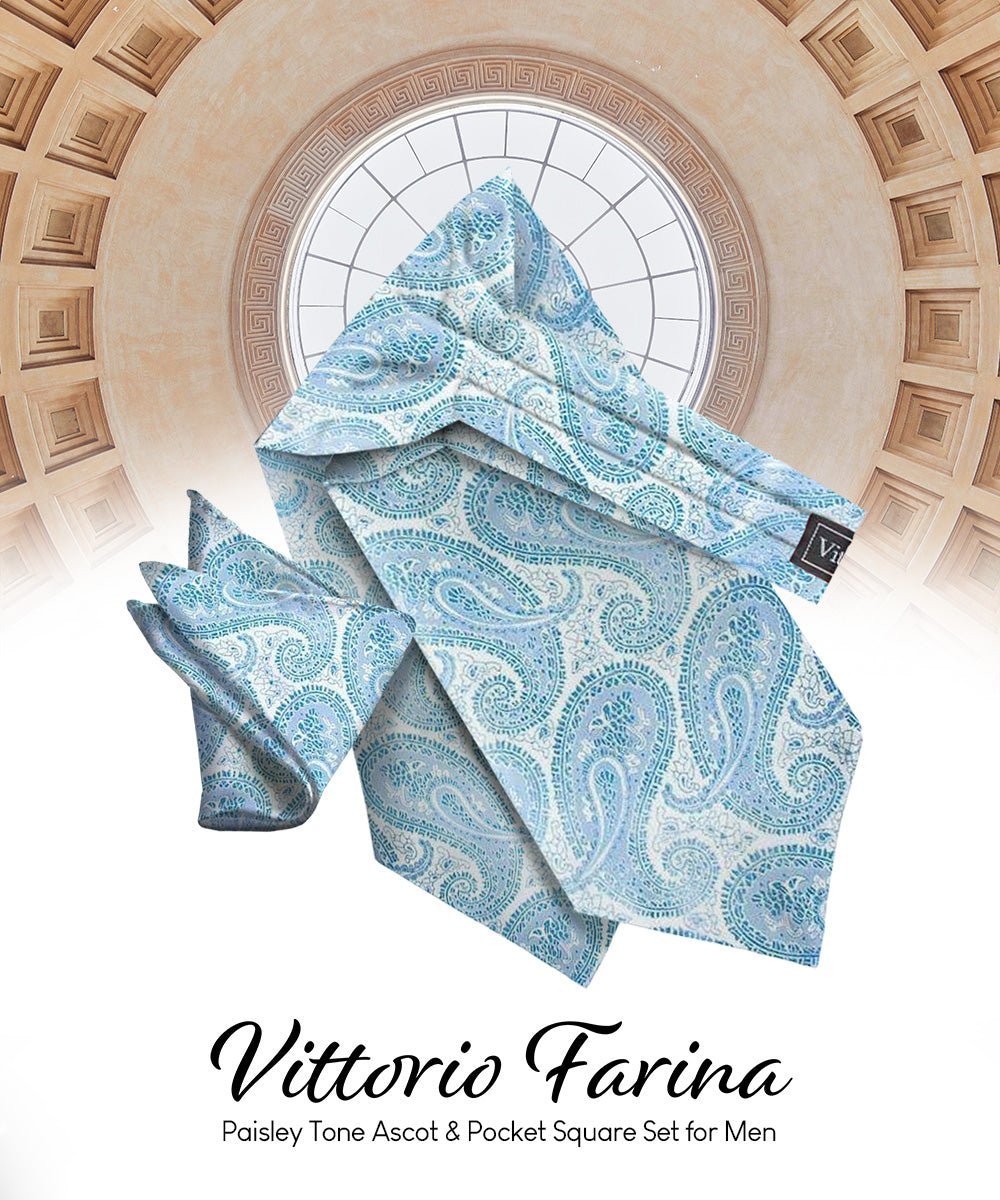 Vittorio Farina Men's Woven Pasiley Ascot & Pocket Square - Suits You Sir - Sky Blue - 