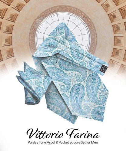 Vittorio Farina Men's Woven Pasiley Ascot & Pocket Square - Suits You Sir - Sky Blue - 