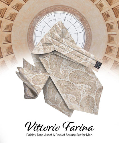 Vittorio Farina Men's Woven Pasiley Ascot & Pocket Square - Suits You Sir - Taupe - 