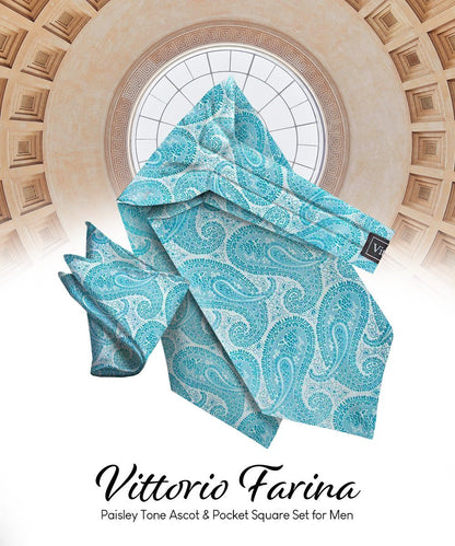 Vittorio Farina Men's Woven Pasiley Ascot & Pocket Square - Suits You Sir - Turquoise - 