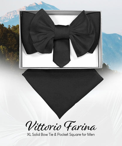 Vittorio Farina Men's XL Solid Satin Bow Tie & Pocket Square in Gift Box - Suits You Sir - Black - 