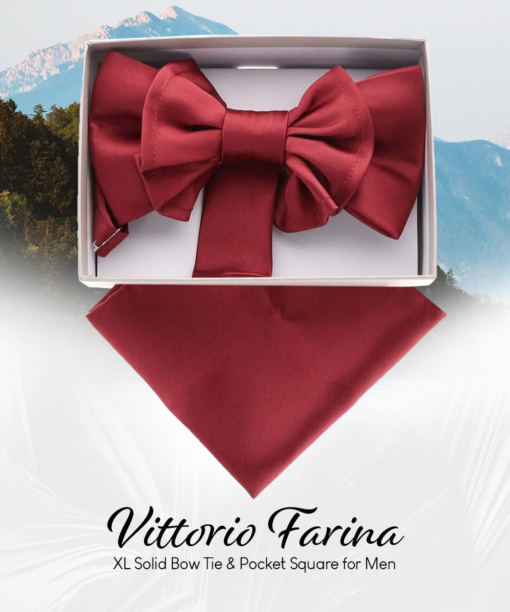 Vittorio Farina Men's XL Solid Satin Bow Tie & Pocket Square in Gift Box - Suits You Sir - Burgundy - 