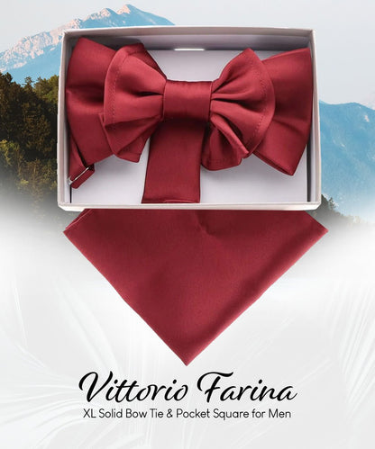 Vittorio Farina Men's XL Solid Satin Bow Tie & Pocket Square in Gift Box - Suits You Sir - Burgundy - 