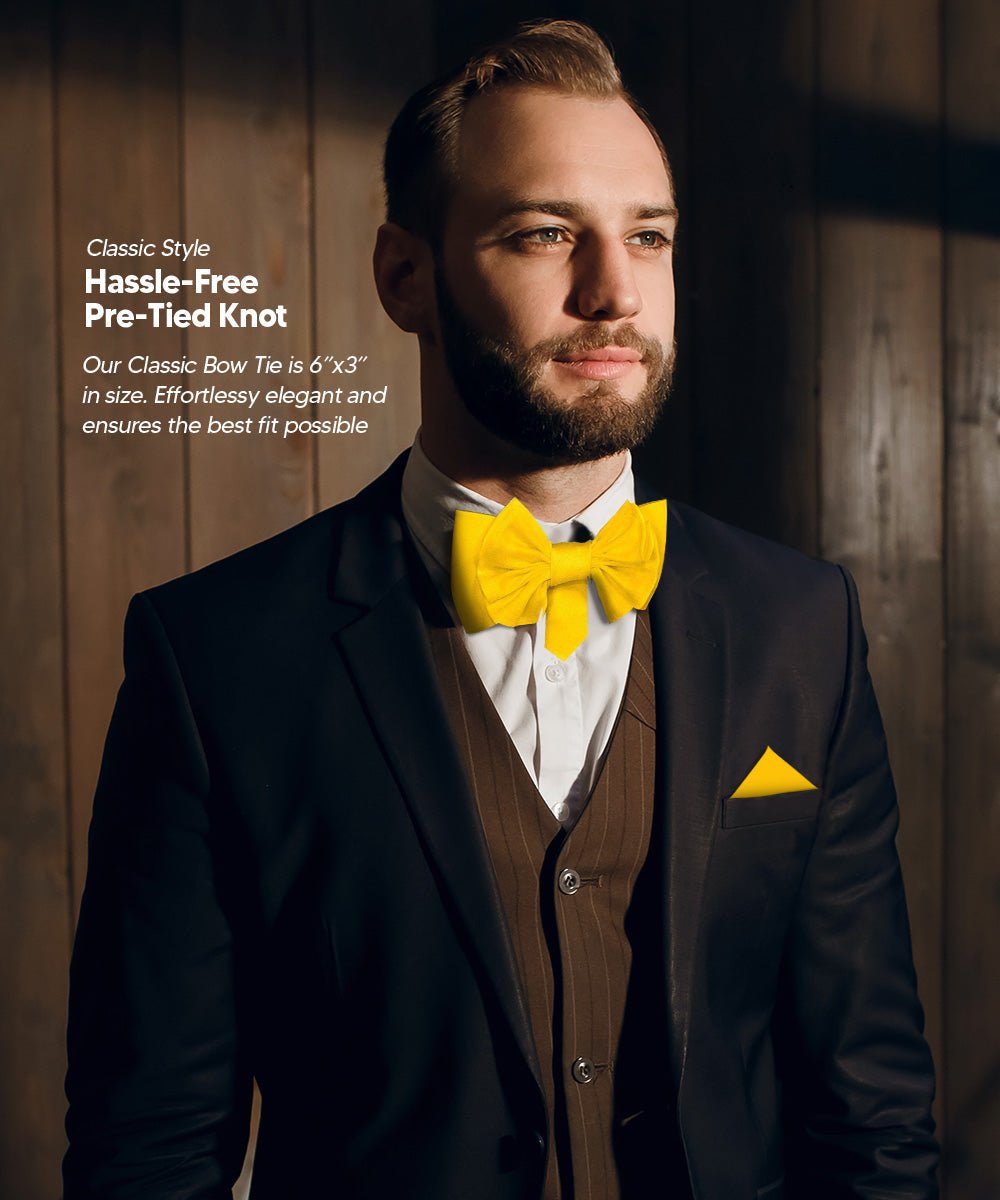 Vittorio Farina Men's XL Solid Satin Bow Tie & Pocket Square in Gift Box - Suits You Sir - Mustard Yellow - 