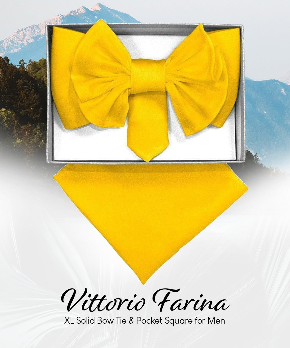 Vittorio Farina Men's XL Solid Satin Bow Tie & Pocket Square in Gift Box - Suits You Sir - Mustard Yellow - 