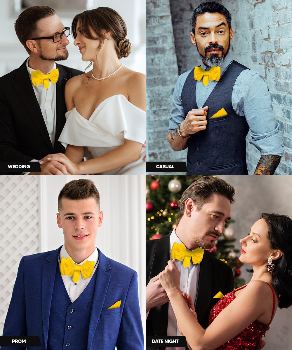 Vittorio Farina Men's XL Solid Satin Bow Tie & Pocket Square in Gift Box - Suits You Sir - Mustard Yellow - 