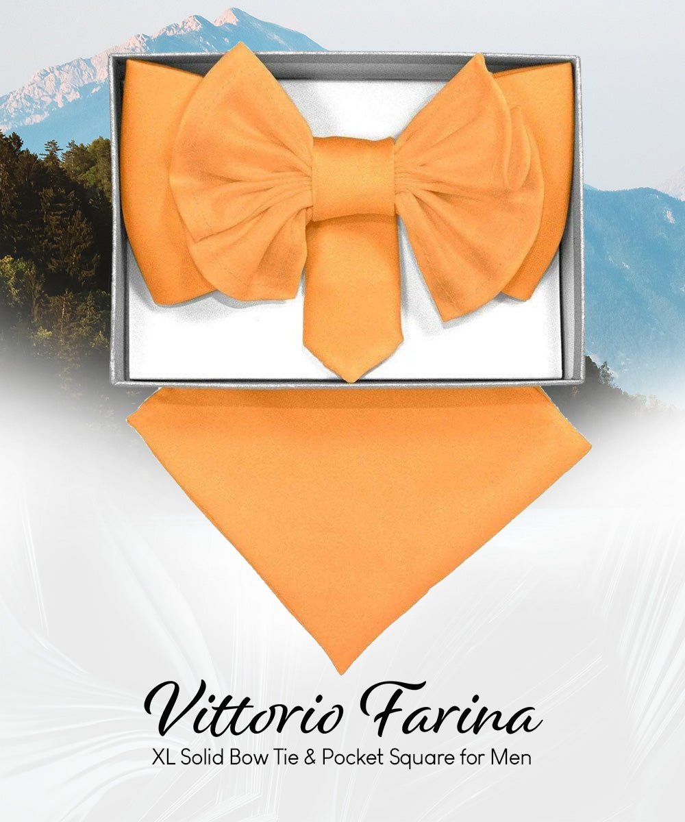 Vittorio Farina Men's XL Solid Satin Bow Tie & Pocket Square in Gift Box - Suits You Sir - Peach - 