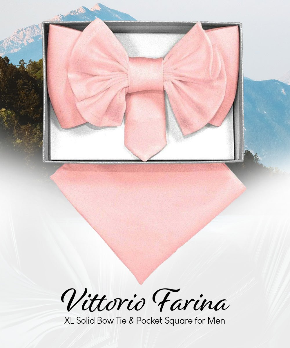 Vittorio Farina Men's XL Solid Satin Bow Tie & Pocket Square in Gift Box - Suits You Sir - Pink - 