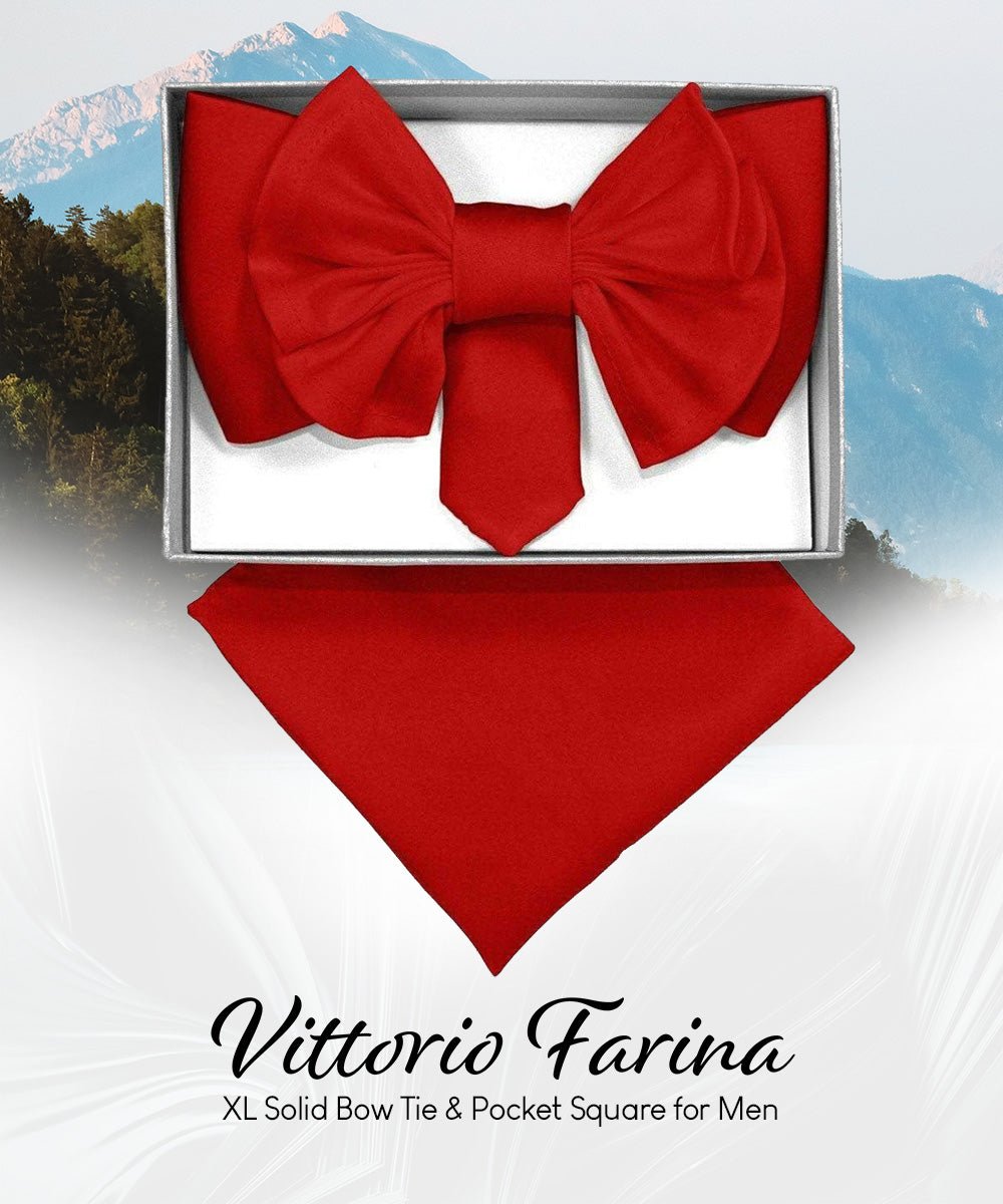 Vittorio Farina Men's XL Solid Satin Bow Tie & Pocket Square in Gift Box - Suits You Sir - Red - 