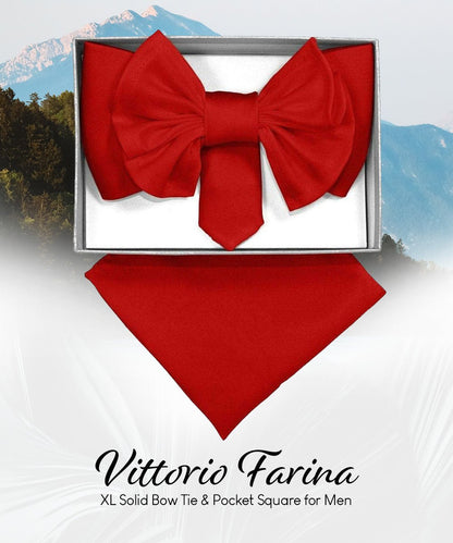 Vittorio Farina Men's XL Solid Satin Bow Tie & Pocket Square in Gift Box - Suits You Sir - Red - 