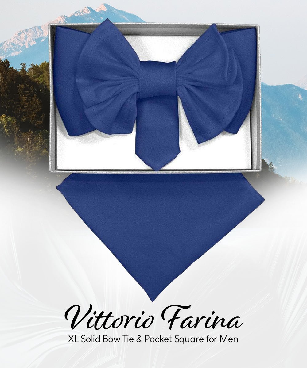 Vittorio Farina Men's XL Solid Satin Bow Tie & Pocket Square in Gift Box - Suits You Sir - Royal Blue - 