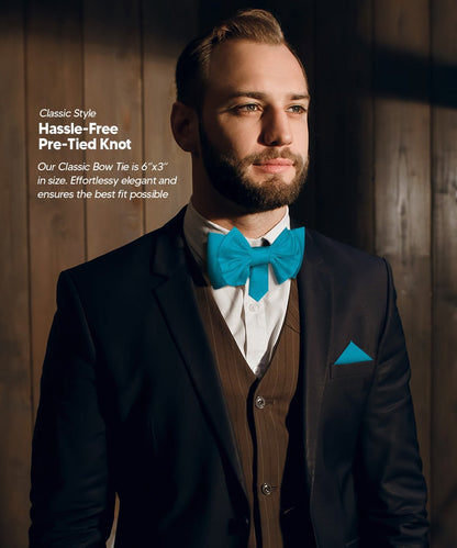 Vittorio Farina Men's XL Solid Satin Bow Tie & Pocket Square in Gift Box - Suits You Sir - Turquoise - 