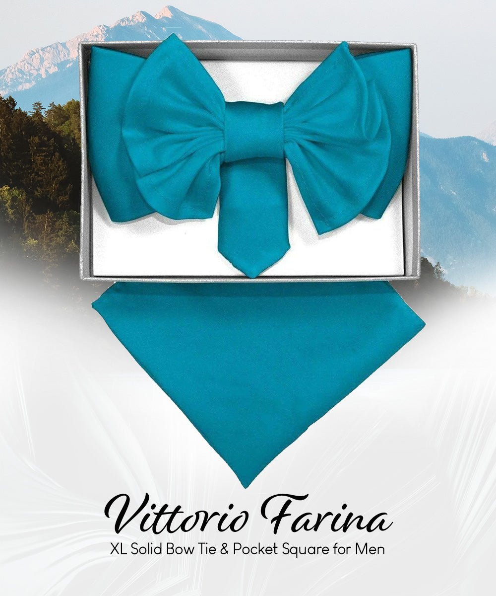 Vittorio Farina Men's XL Solid Satin Bow Tie & Pocket Square in Gift Box - Suits You Sir - Turquoise - 