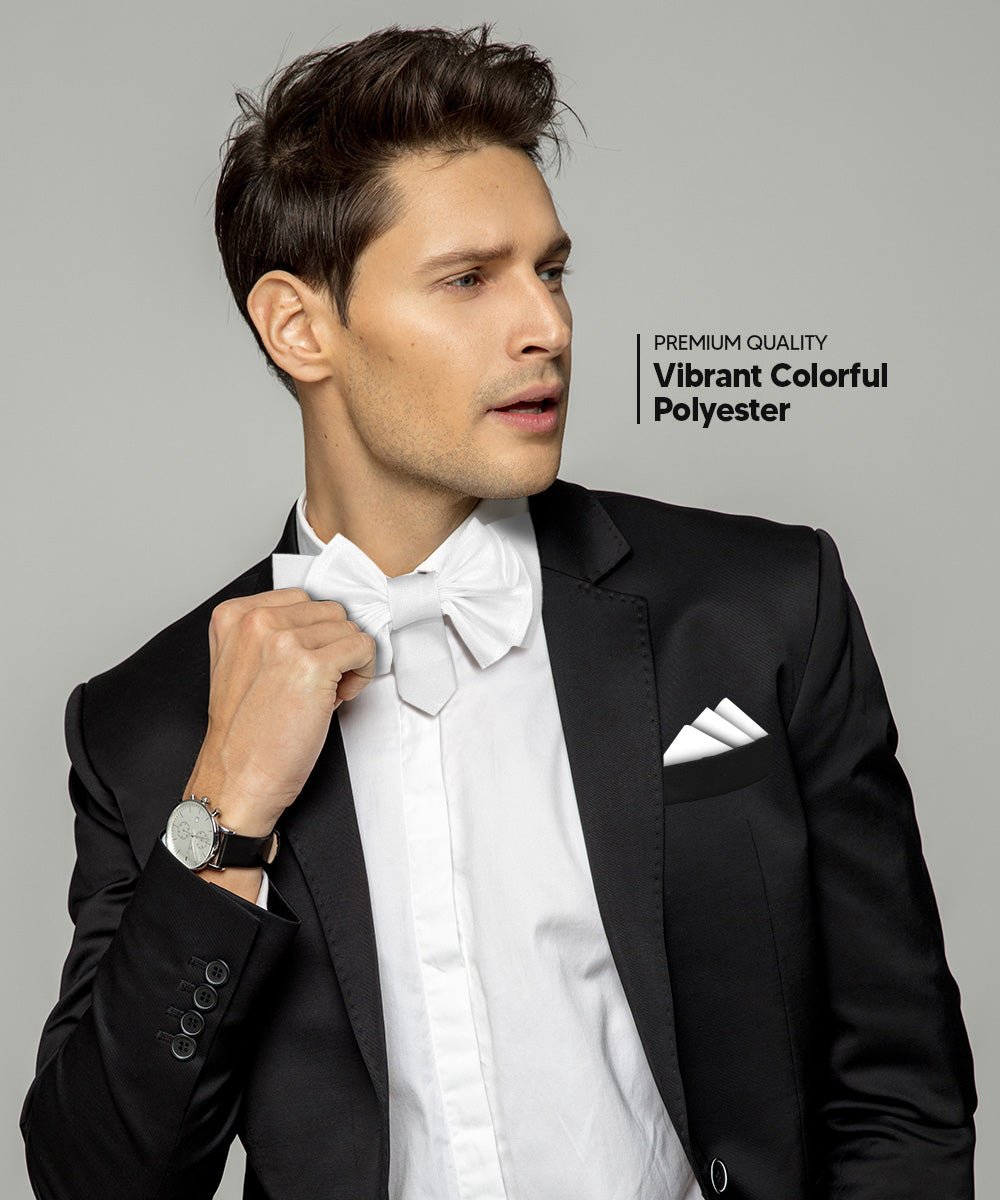 Vittorio Farina Men's XL Solid Satin Bow Tie & Pocket Square in Gift Box - Suits You Sir - White - 