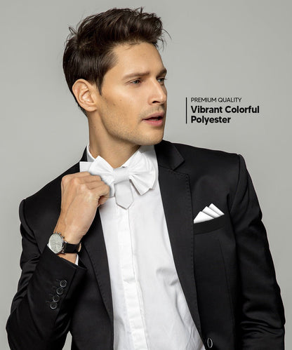 Vittorio Farina Men's XL Solid Satin Bow Tie & Pocket Square in Gift Box - Suits You Sir - White - 